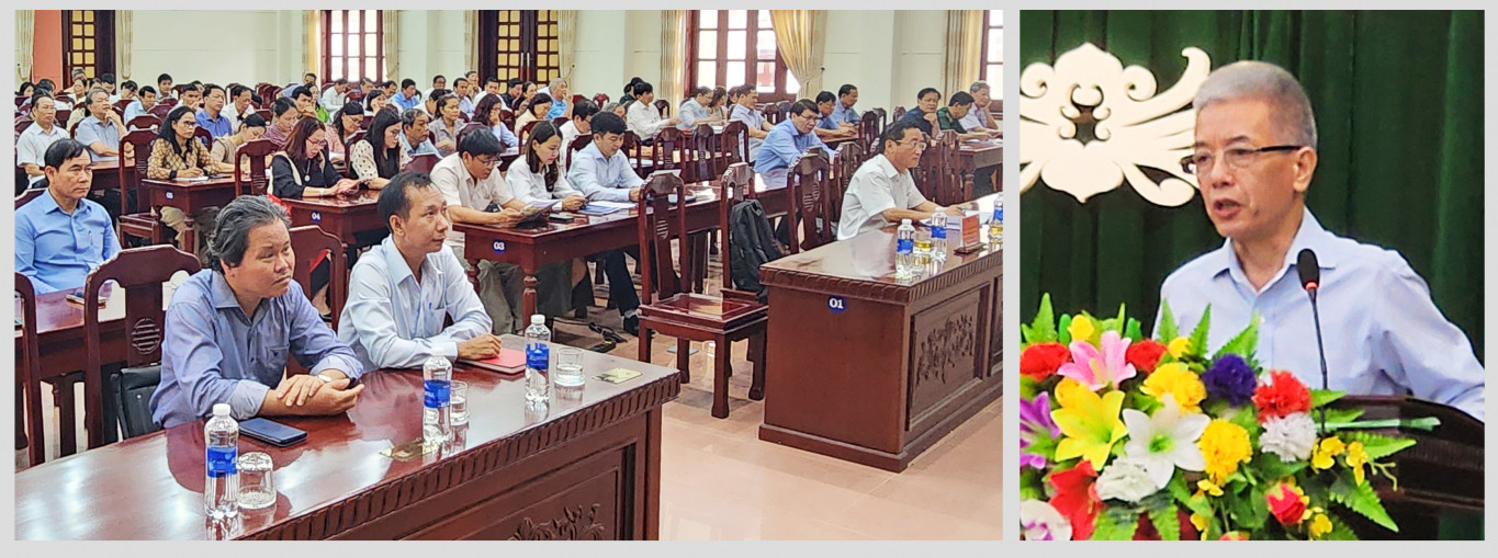 Đồng chí Bùi Thế Giang (bên phải) thông tin tại Hội nghị tuyên truyền, thông tin đối ngoại năm 2023