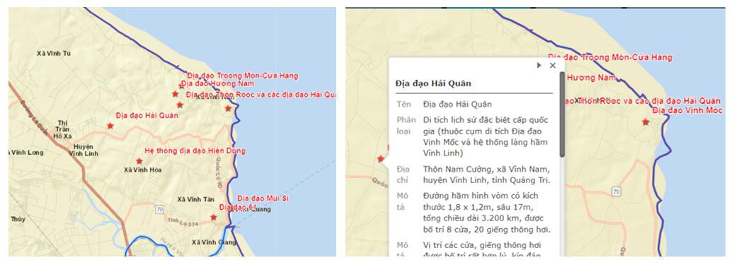 CSDL GIS Cụm di tích lịch sử cấp quốc gia đặc biệt Địa đạo Vịnh Mốc và hệ thống làng hầm Vĩnh Linh (hình trái) và cấu trúc CSDL (hình phải)