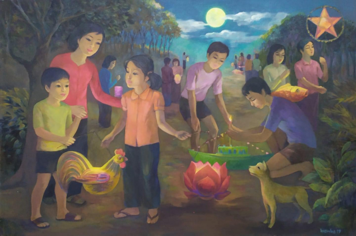 Tranh sơn dầu "Ký ức đêm Trung thu" - Tác giả Hồ Trọng Hiếu
